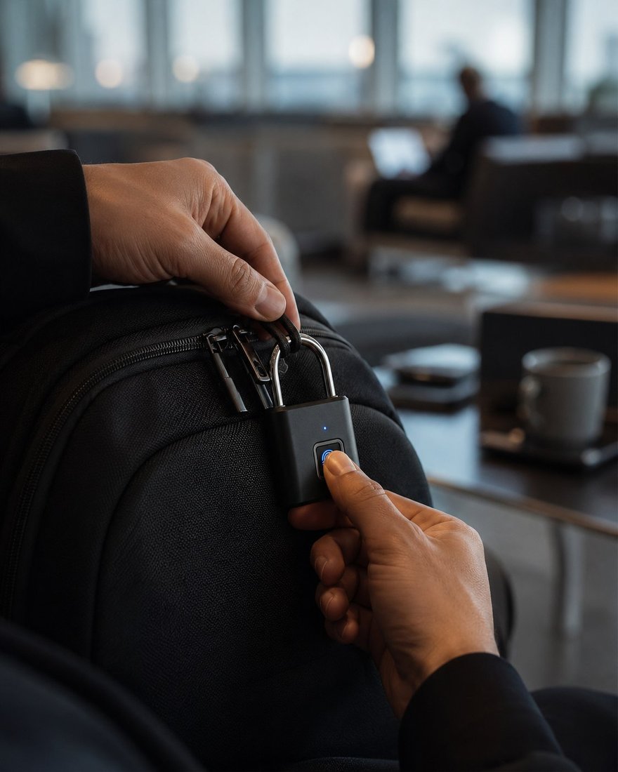 Person unlocking the fingerprint padlock on a backpack zipper