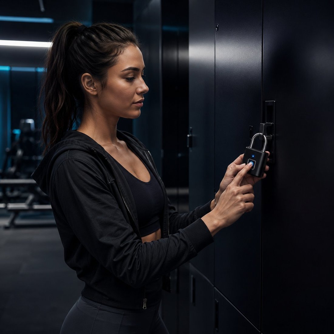 Woman unlocking a gym locker with the smart fingerprint padlock