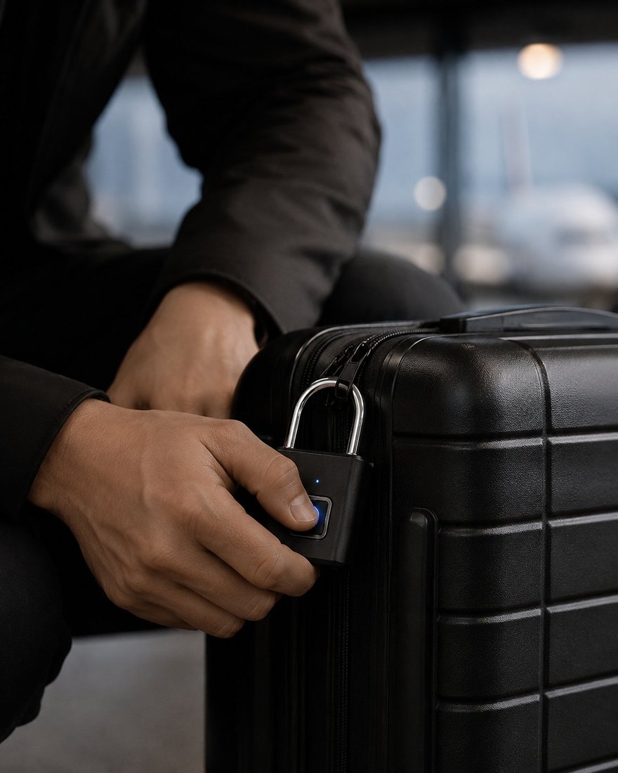 Traveler attaching the fingerprint padlock to a black suitcase at an airport